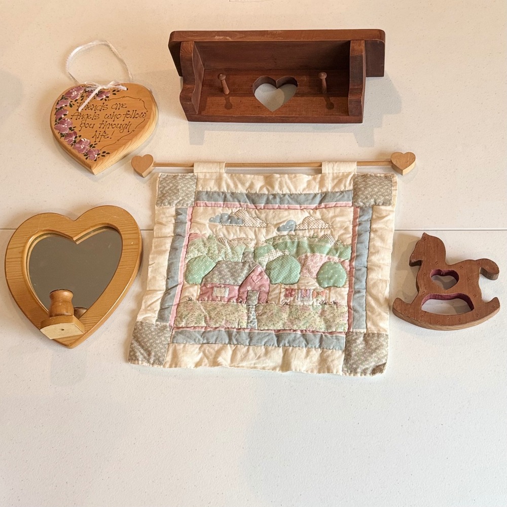 Cottagecore Vintage 5pc Heart Decor Lot Wood Shelf Mirror Quilt Wall Art Grandma